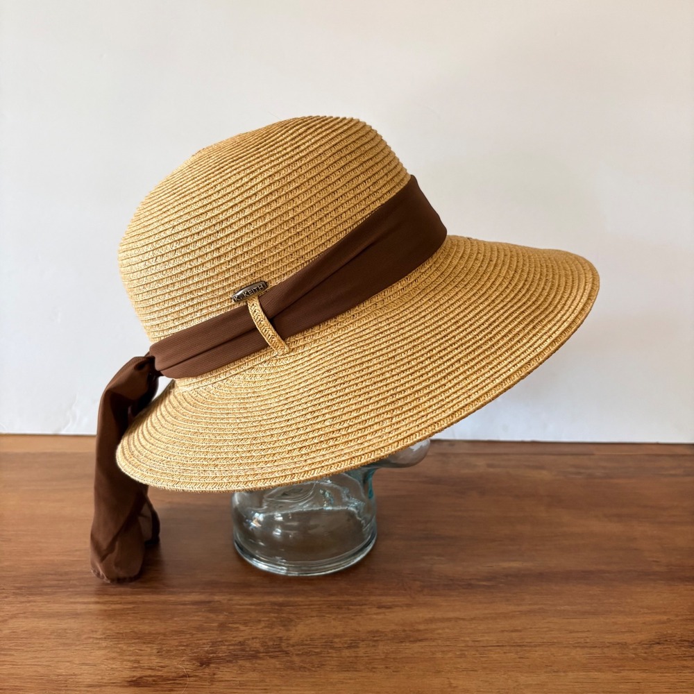 Karen Keith Tan Woven Straw Sun Hat Brown Ribbon Bow Size M